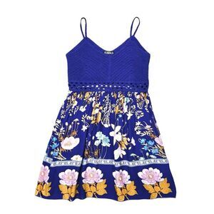 Shein Sundress Womens S Blue Floral Print Crochet Spaghetti Straps Summer Vacay